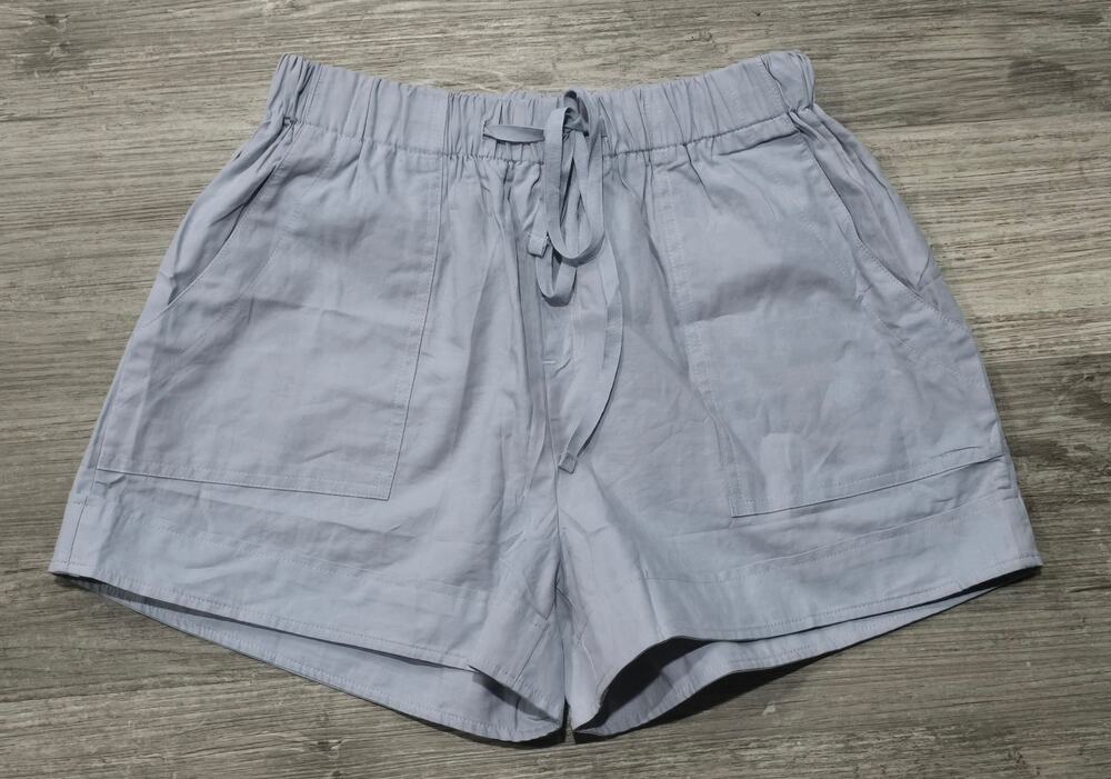 Light Blue Denim 100% Cotton Pull On Elastic Tie Waist Shorts w. Large Pockets